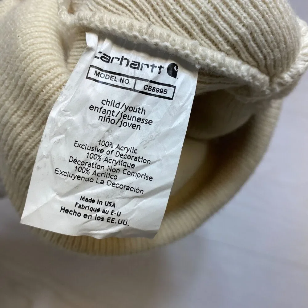 Carhartt Youth Kids‎ One Size Beanie Winter Hat Ivory Acrylic Folded Cuff Logo